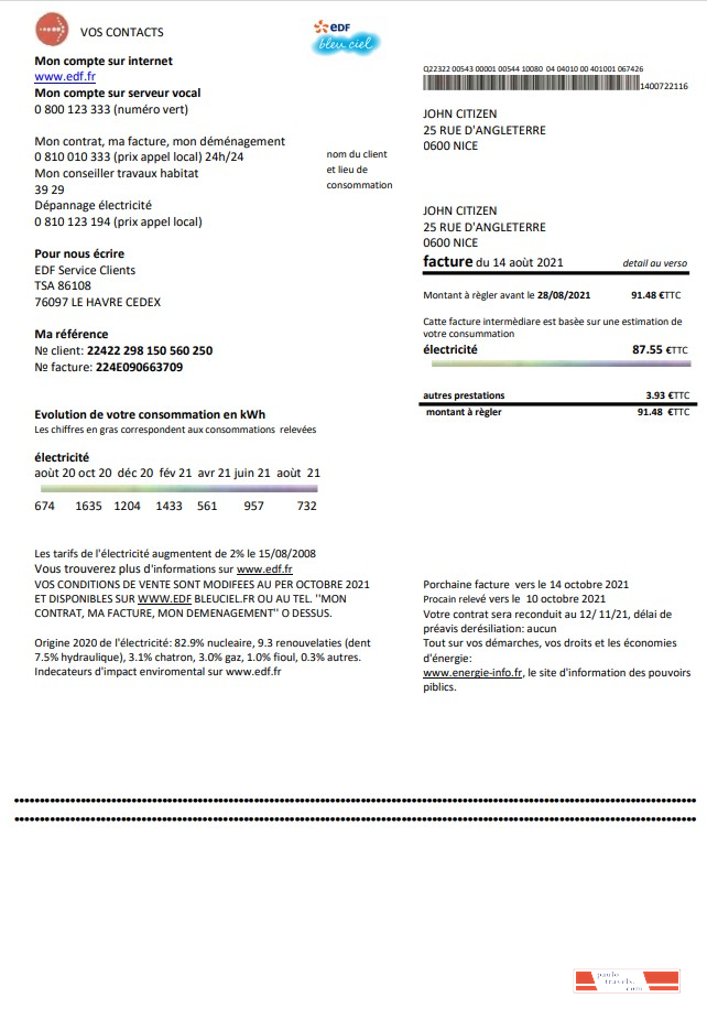 France EDF proof of address utility bill template in Word and PDF format